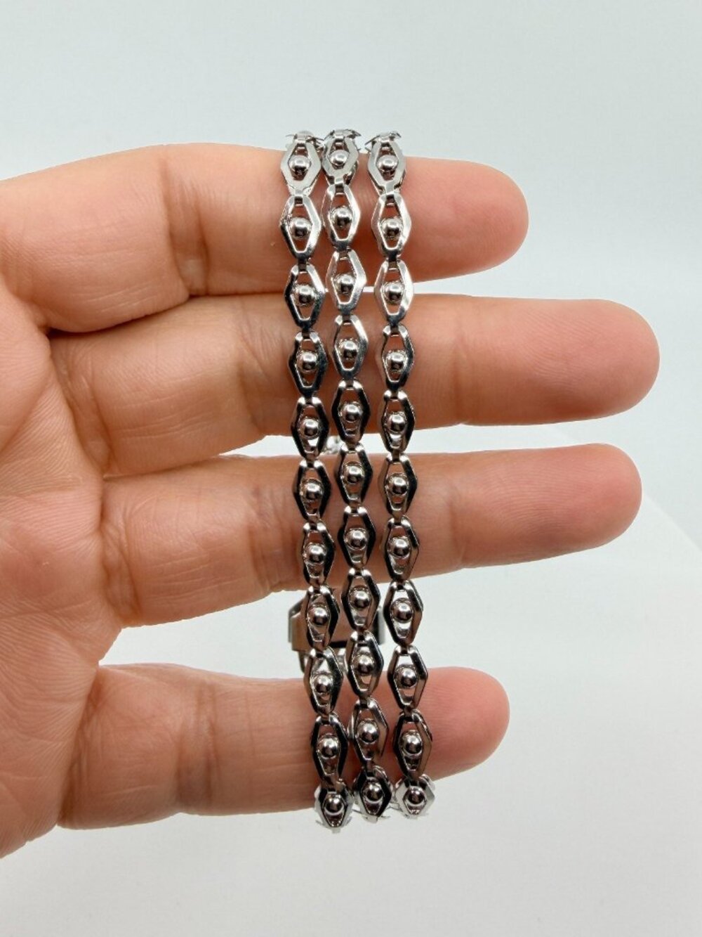 Silver Tone Geometric Multi-Row Chain Bracelet - Boho Statement Jewelry - Picture 9 of 11